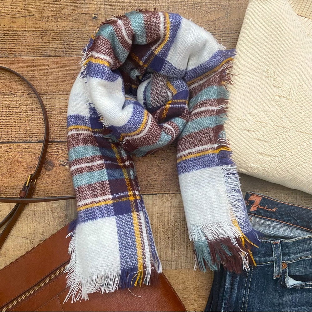 Soft Plaid Scarf in White, Blues, Teal, Burgundy